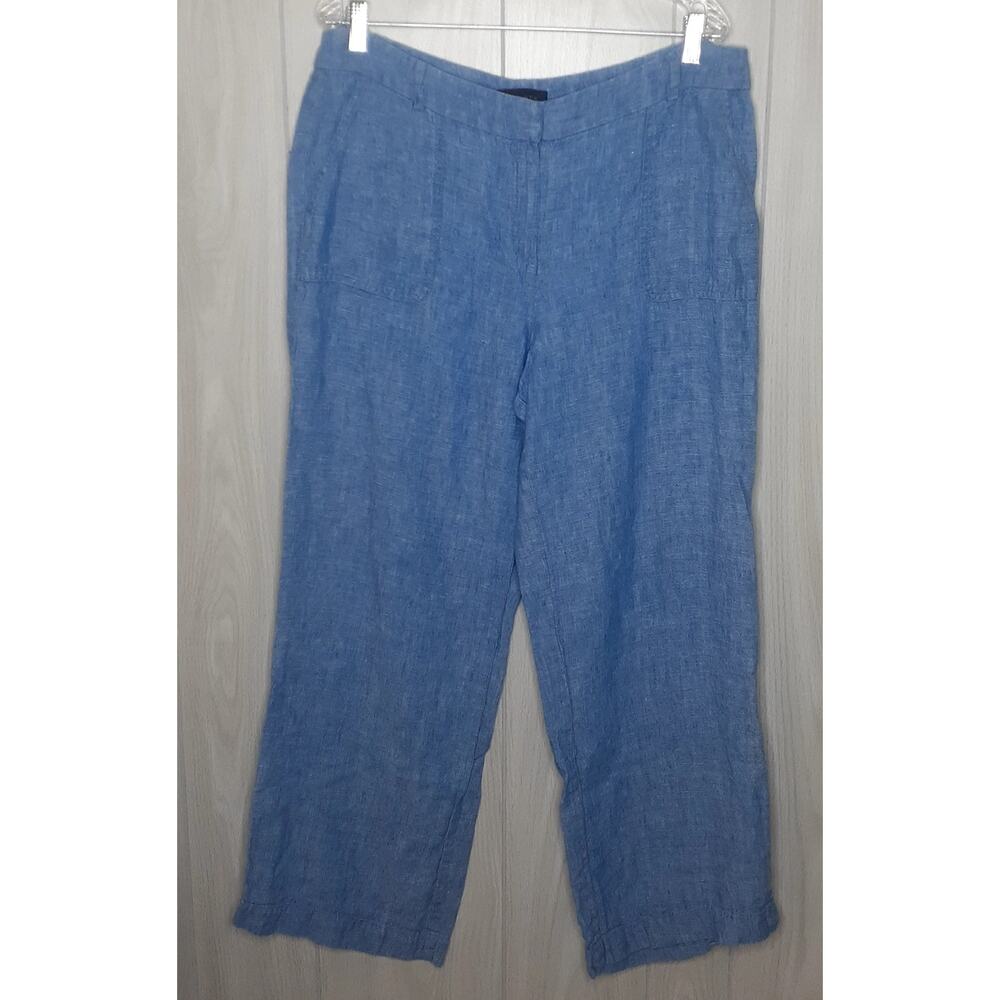 Ladies Talbots Blue 100% Linen Dress Pant Size 14 Pockets Straight Leg